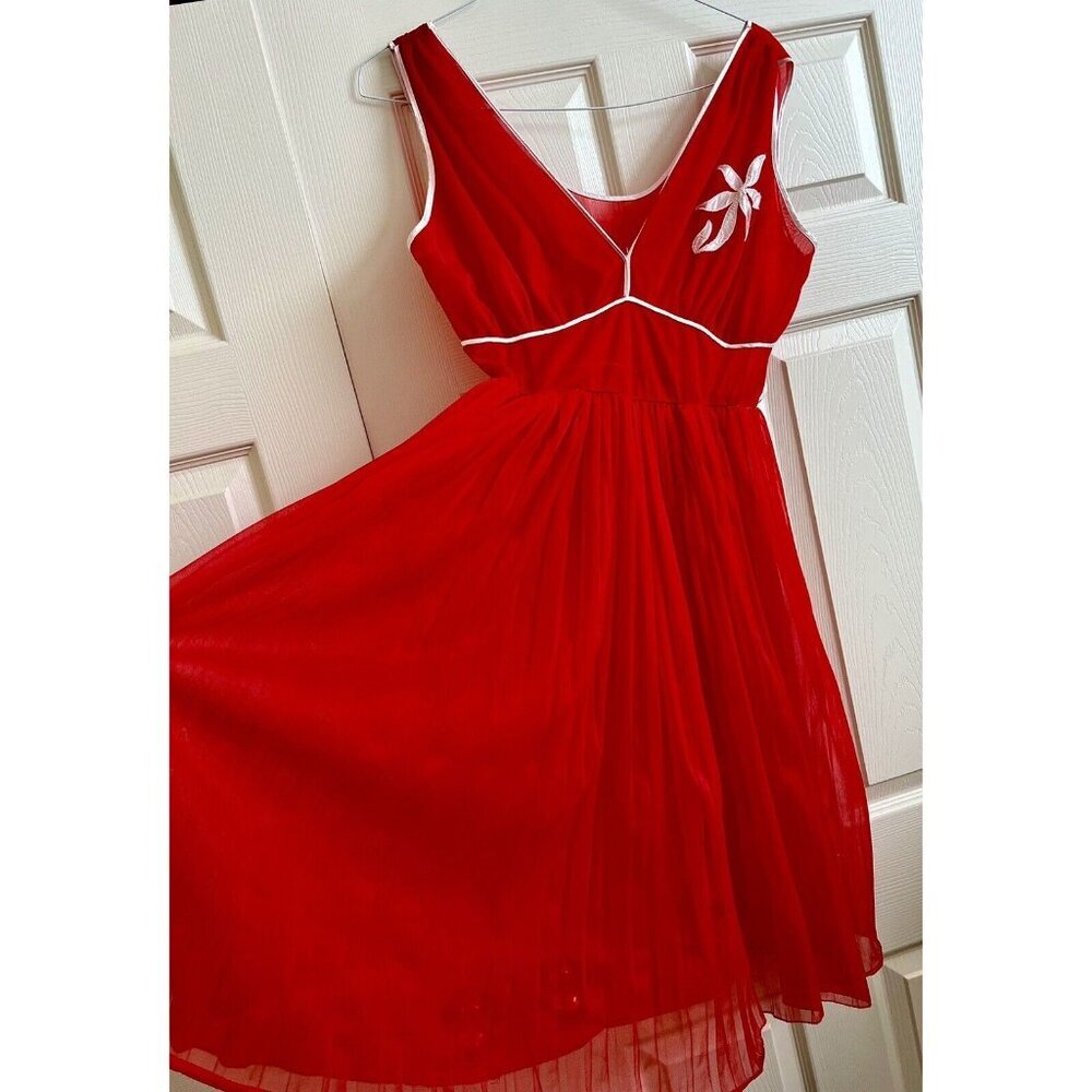 CHARMODE Red Sissy Negligee Nightgown Mid Length sheer pleated accordian Dress